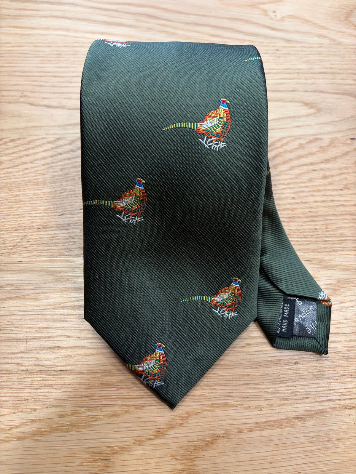 Cravatta inglese verde con fagiani colorati- English Green pheasant Tie