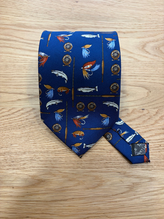 Cravatta inglese blu indigo in seta con scene di pesca- English Blue Fishing Silk Tie