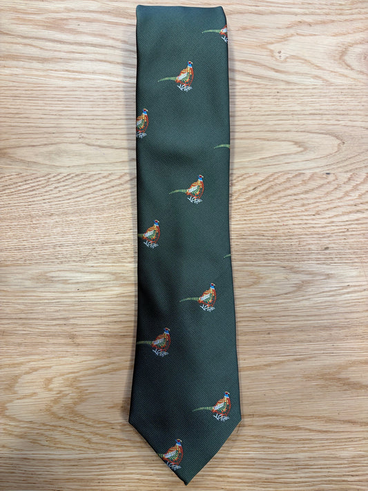 Cravatta inglese verde con fagiani colorati- English Green pheasant Tie