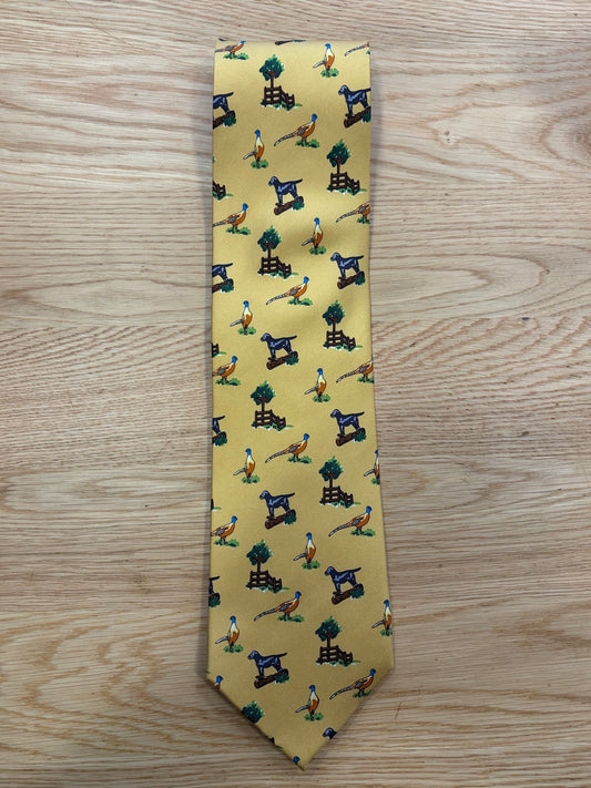 Cravatta inglese senape in seta con fagiano e cane- English mustard pheasant and dog silk tie