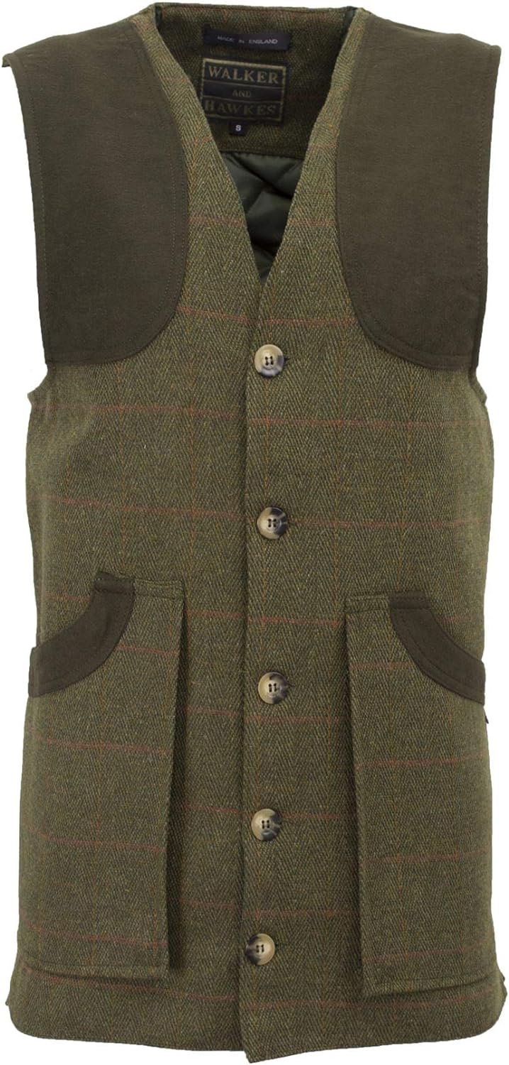 Gilet nuovo da uomo in tweed verde scuro con inserti in Moleskin Derby Tweed Winston Waistcoat