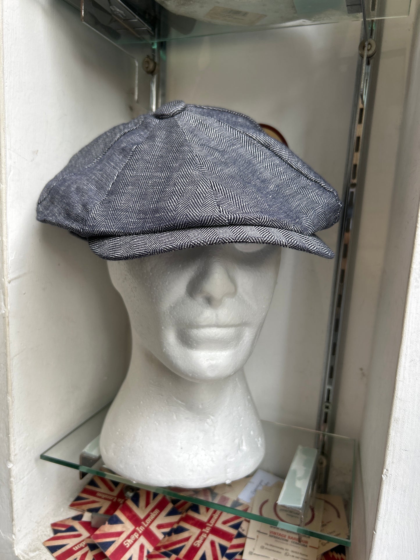 Coppola in lino inglese a otto spicchi Newsboy a spina di pesce con Union Jack - Linen Blue Newsboy Cap Union Jack