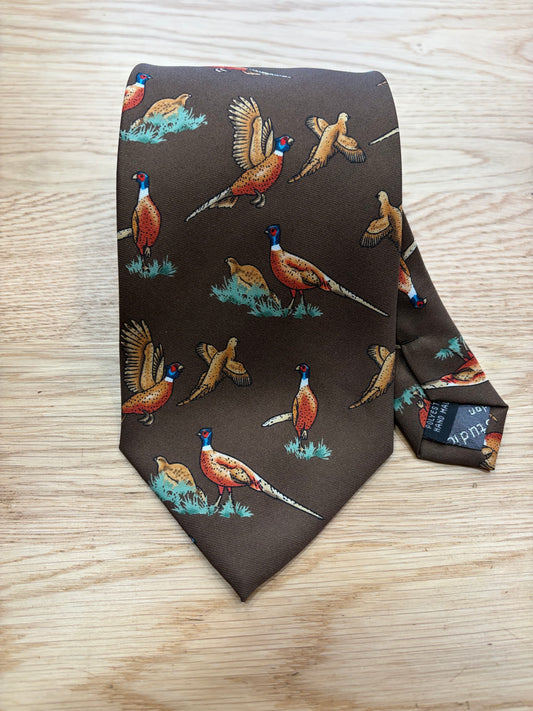 Cravatta inglese marrone con fagiano- English Brown pheasant Tie