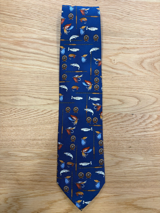 Cravatta inglese blu indigo in seta con scene di pesca- English Blue Fishing Silk Tie