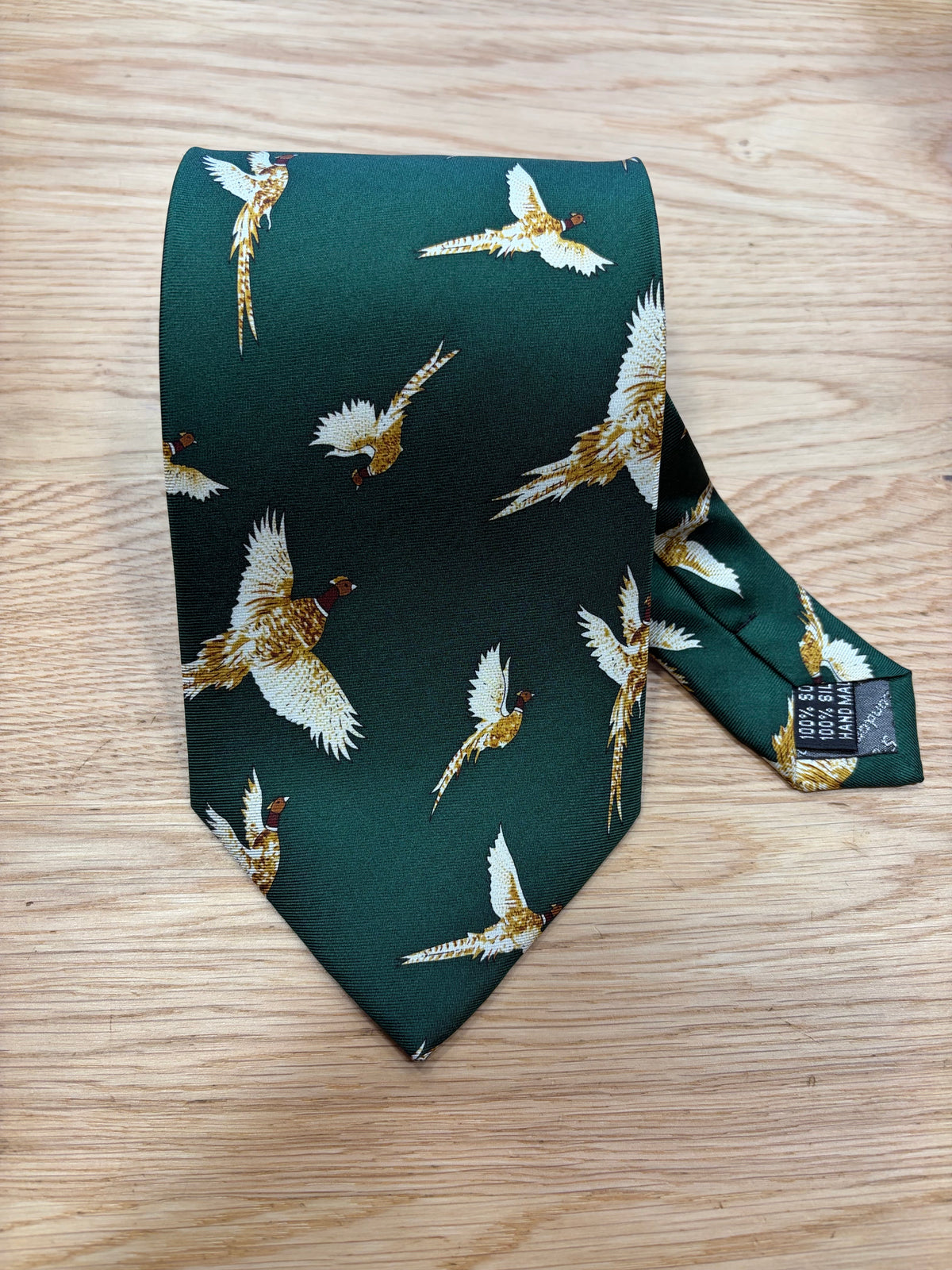 Cravatta inglese in sete verde con fagiani - English Green Pheasant Silk tie