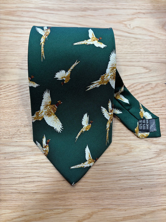 Cravatta inglese in sete verde con fagiani - English Green Pheasant Silk tie
