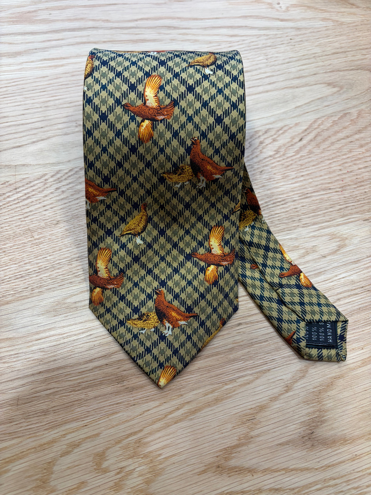 Cravatta inglese in seta tartan con Gallo cedrone - English Tartan grouse Tie