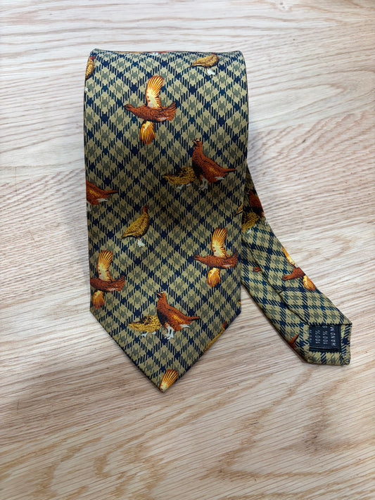 Cravatta inglese in seta tartan con Gallo cedrone - English Tartan grouse Tie