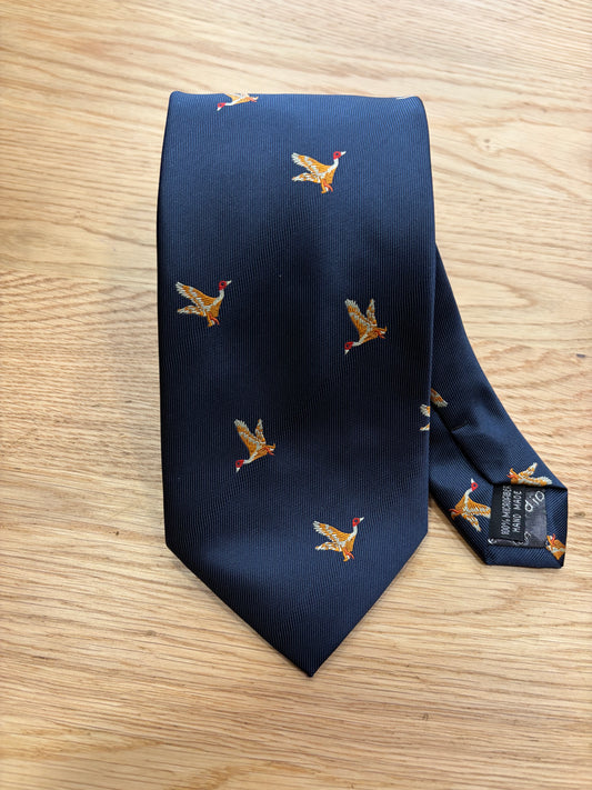 Cravatta inglese blu con germano reale che vola - English Navy mallard Tie