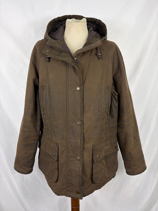 Giacca Barbour oliva Elkhorn con cappuccio e inserti in lana uk16 tg.46 - Lady Elkhorn Olive wax jacket size Uk16 - Shop In London