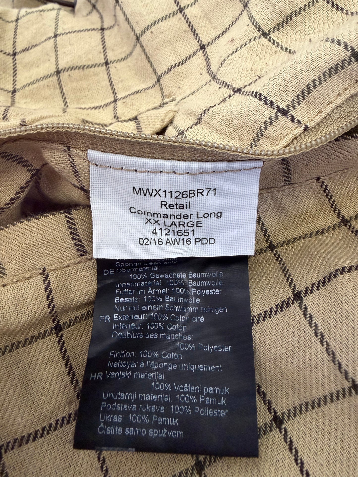 Giacca Barbour Uomo Beige cerato Commander Long XXL- Man Sandstone Commander Jacket size XXL