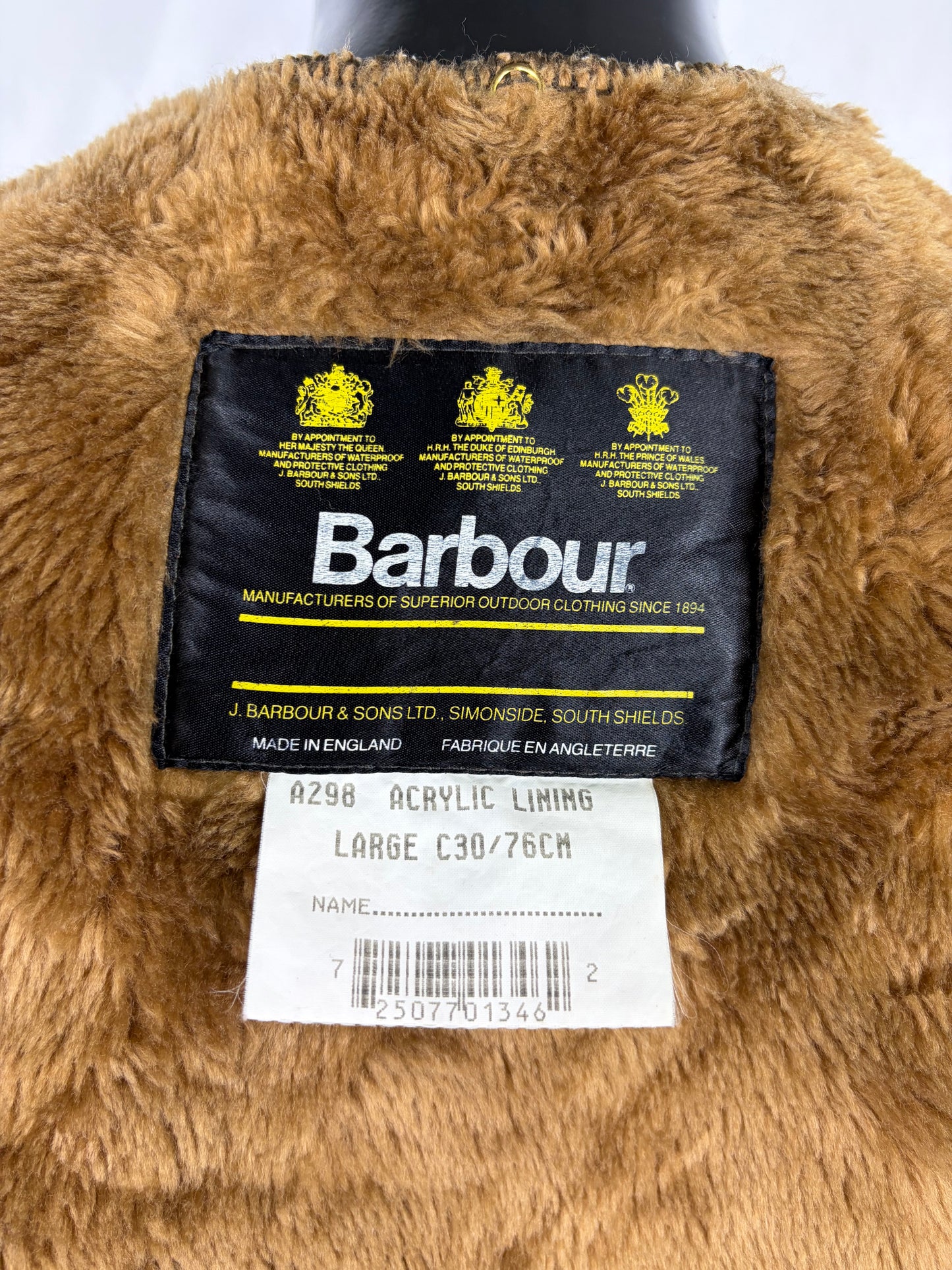 Imbottitura Barbour vintage A298 con bottoni Taglia Large C30 Bambino- Kid Vintage Pile Lining A298 c30