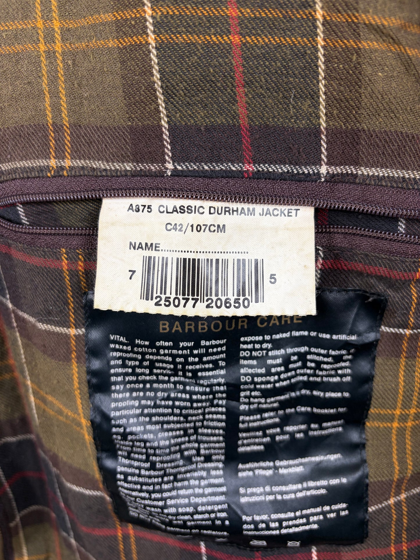 Barbour Classic Durham verde oliva con cappuccio C42/107 cm Olive Hooded waxed Classic Durham Jacket Size Large