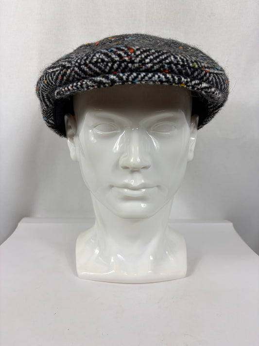 Coppola nuova inglese in lana bianca e nera a spina di pesce  Wool Black White Herringbone Flat Cap