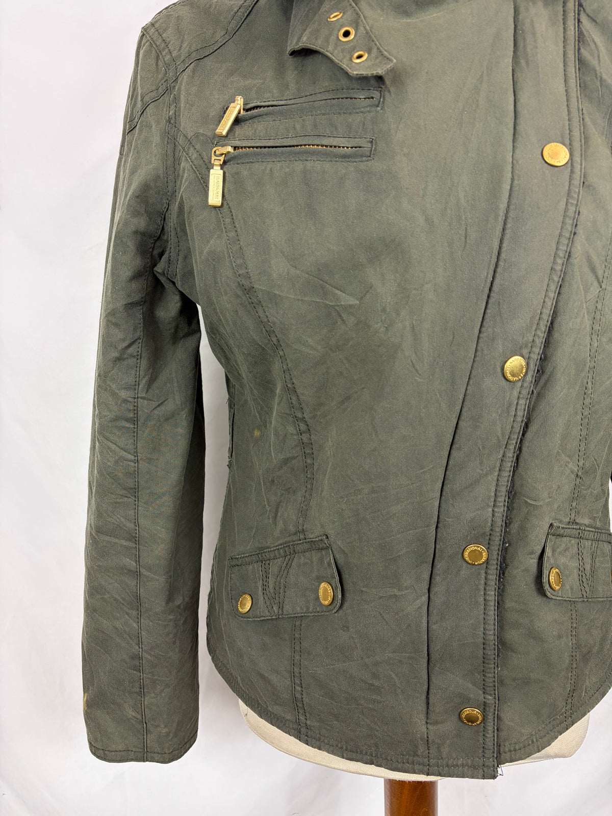 Giacca Barbour International da donna corta verde UK10 Small -Lady Green wax Wheelstand Jacket Uk10