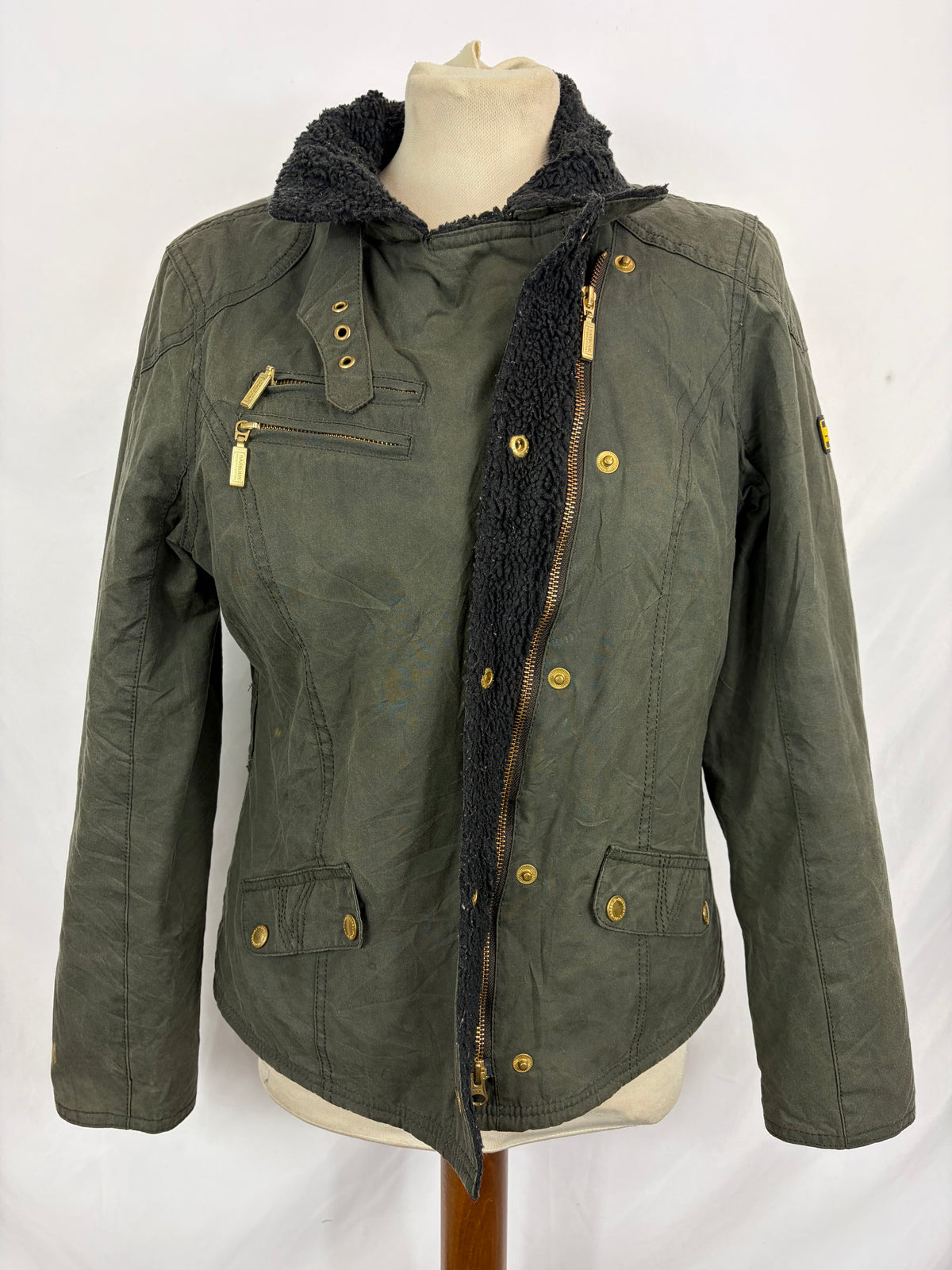 Giacca Barbour International da donna corta verde UK10 Small -Lady Green wax Wheelstand Jacket Uk10