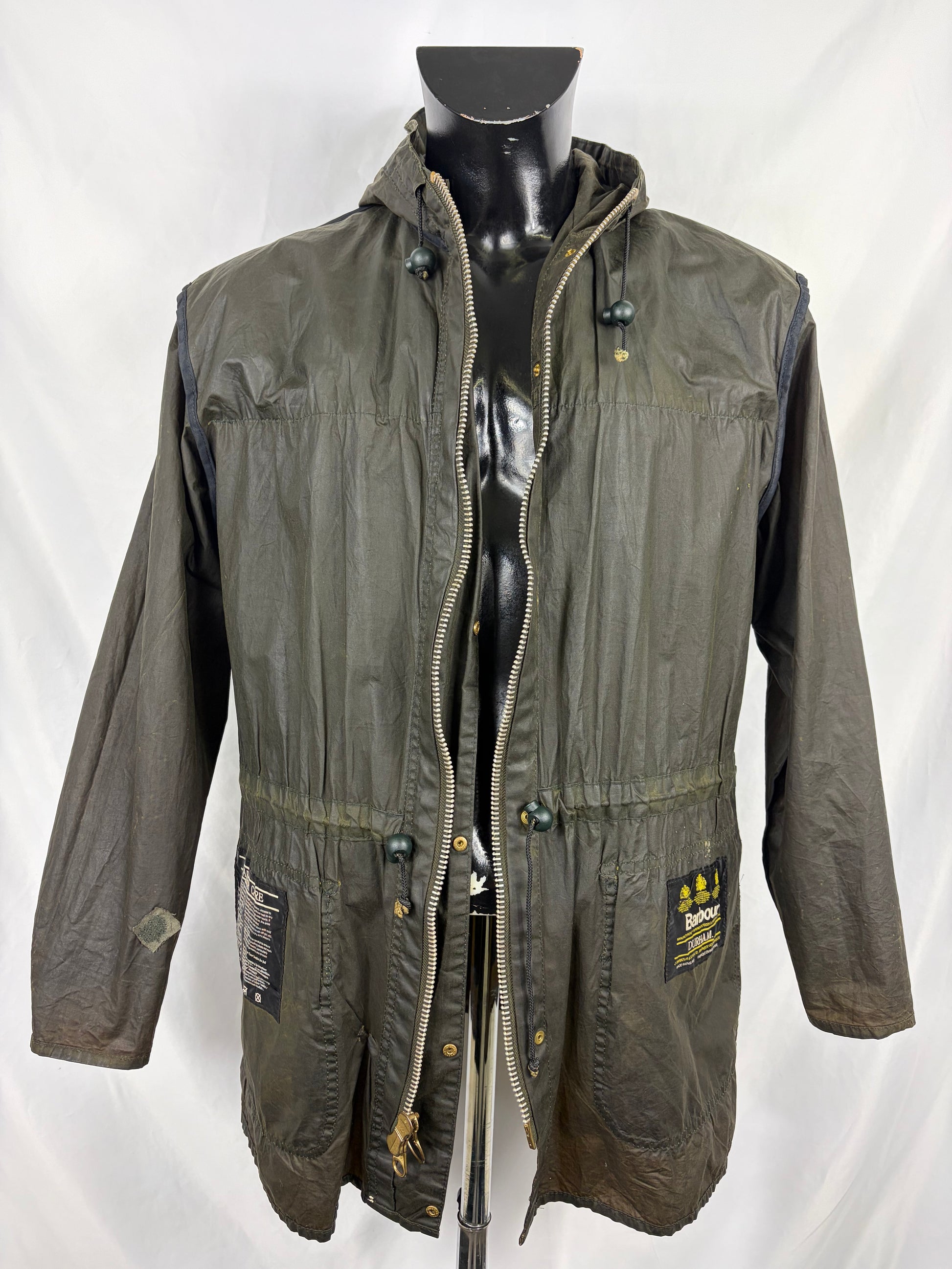 RARO Barbour Durham verde unlined con cappuccio C38/97 cm Green Hooded waxed Durham Medium - Shop In London