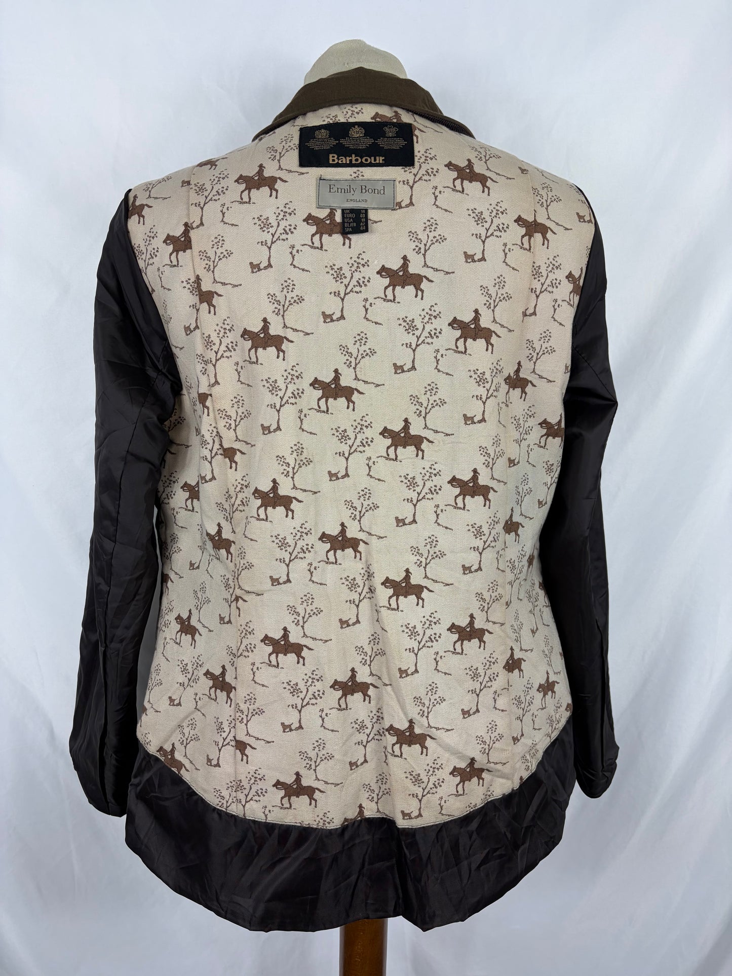 Giacca Barbour X Emily Bond da donna Oliva Cerata tg.44 - Lady Wax Ferndown Horseprint jacket size M Uk14