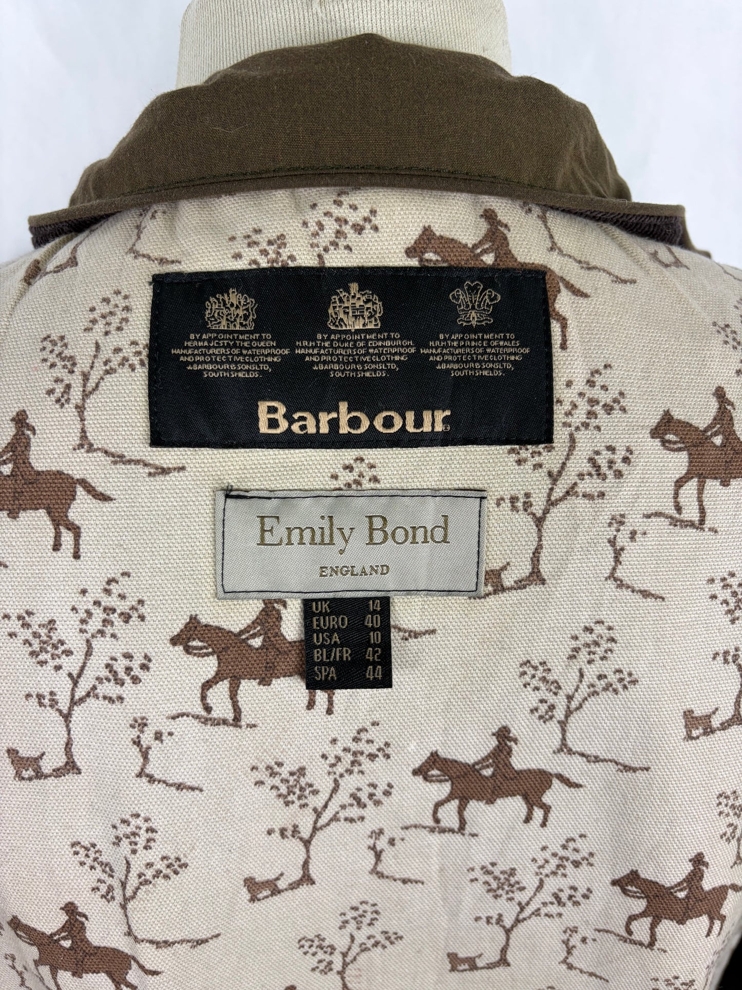 Giacca Barbour X Emily Bond da donna Oliva Cerata tg.44 - Lady Wax Ferndown Horseprint jacket size M Uk14