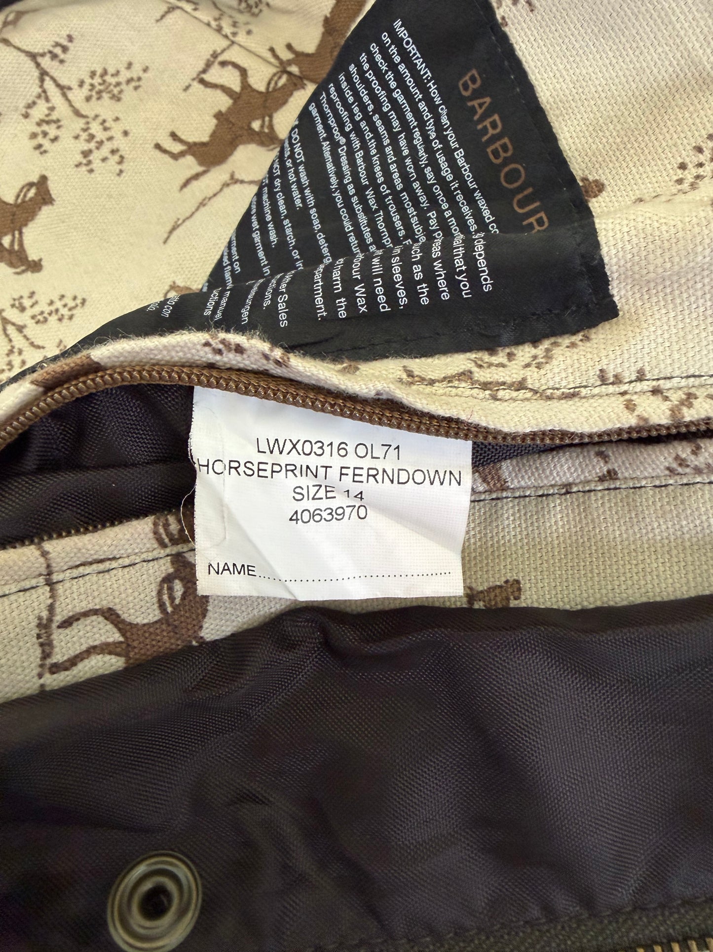 Giacca Barbour X Emily Bond da donna Oliva Cerata tg.44 - Lady Wax Ferndown Horseprint jacket size M Uk14