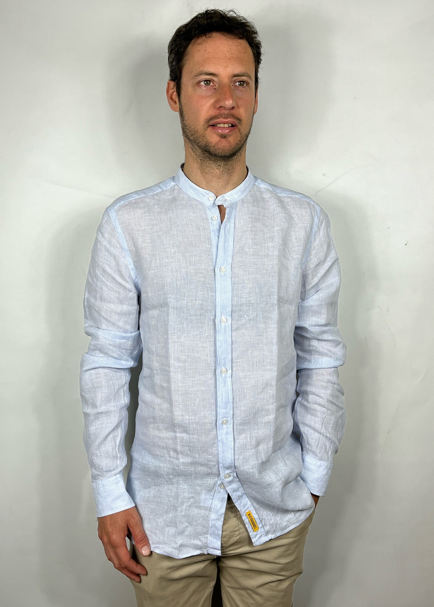 Camicia a righe slim fit in lino collo alla coreana modello Dexter by B.D. BAGGIES
