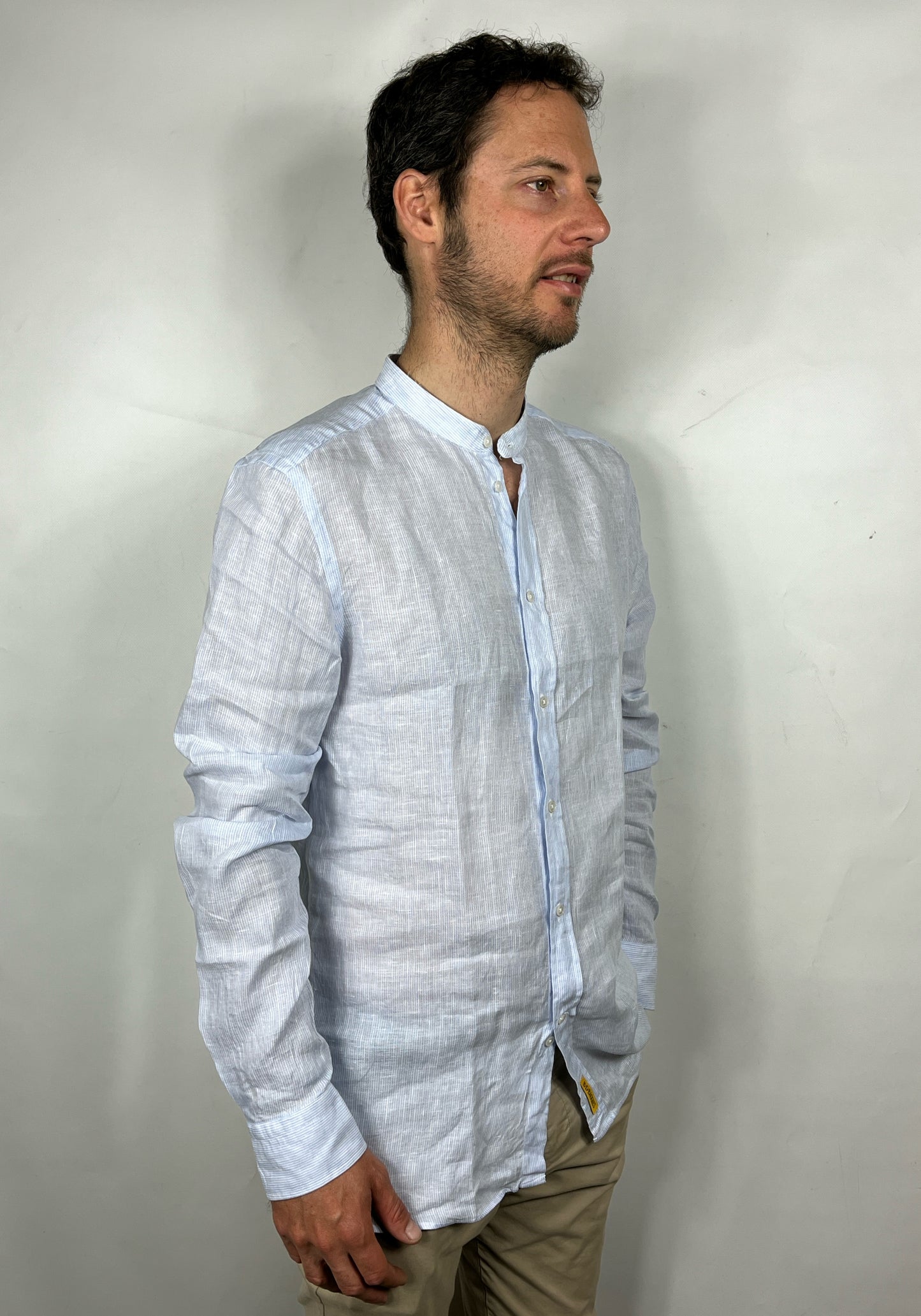 Camicia a righe slim fit in lino collo alla coreana modello Dexter by B.D. BAGGIES
