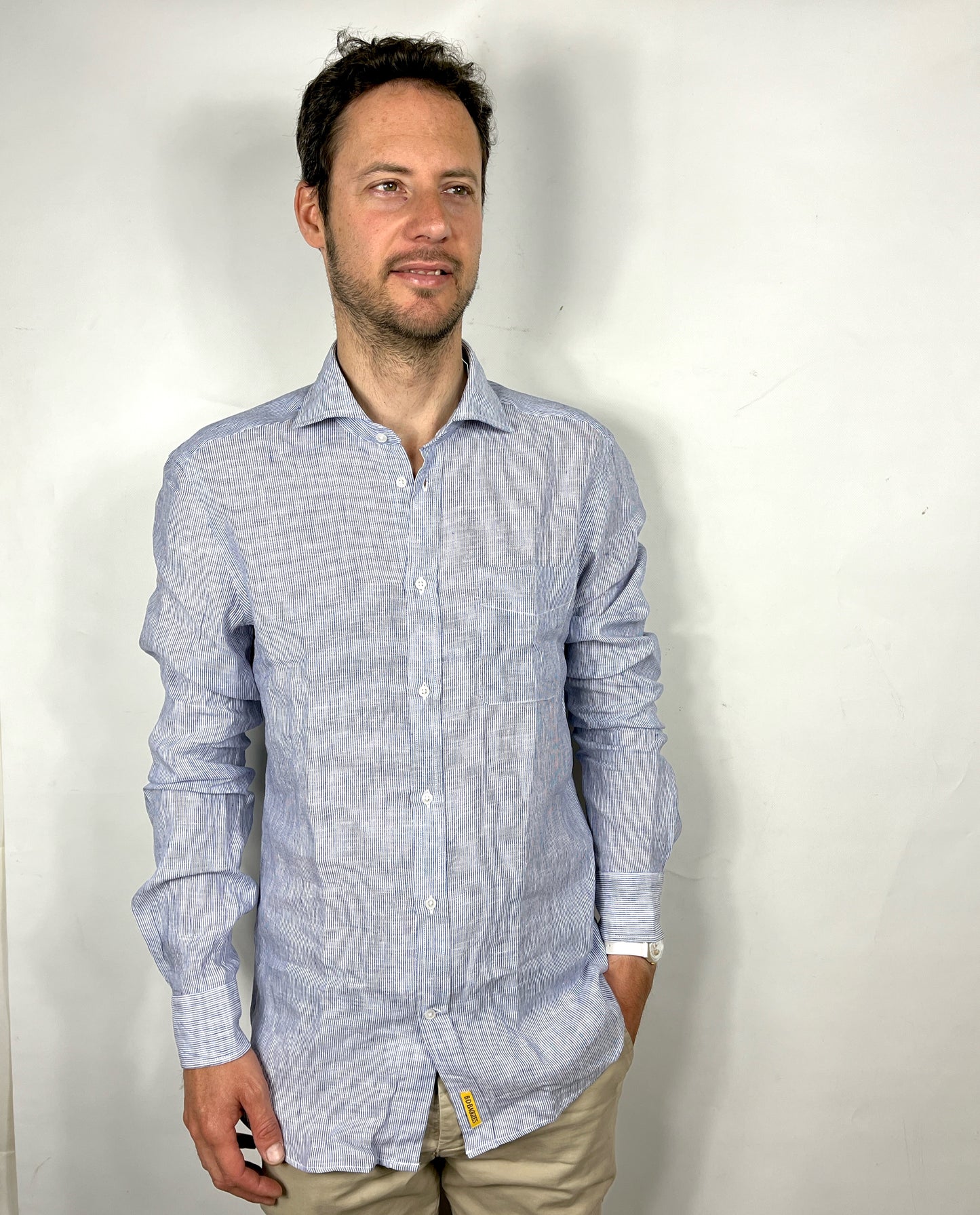 Camicia a righe blu e bianca in lino modello Dexter slim fit by B.D. BAGGIES