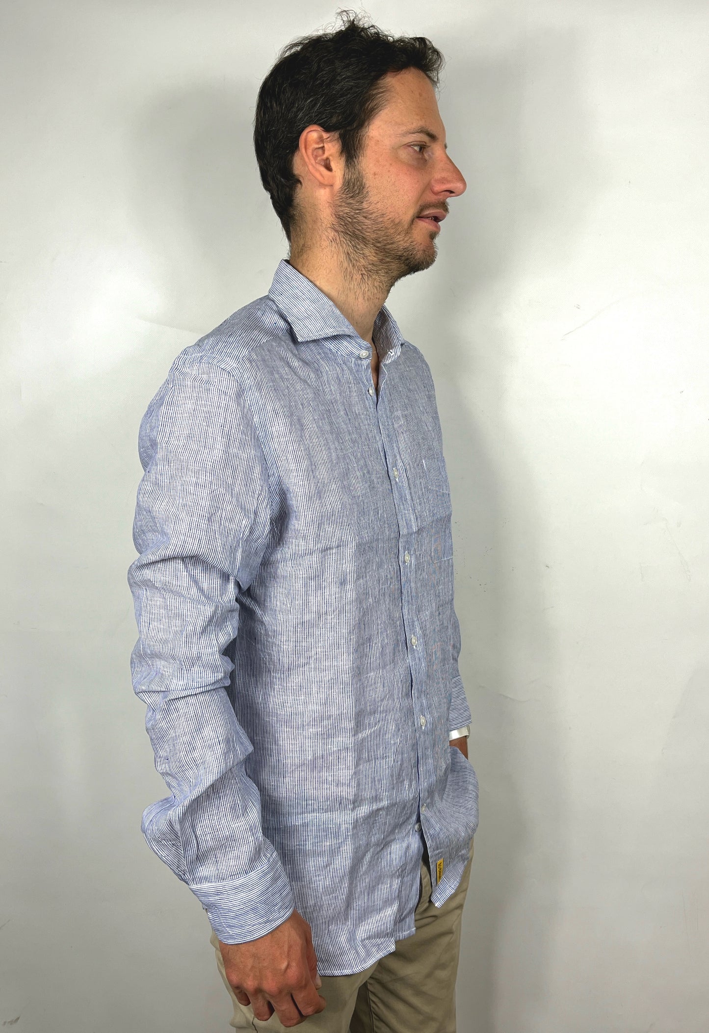 Camicia a righe blu e bianca in lino modello Dexter slim fit by B.D. BAGGIES