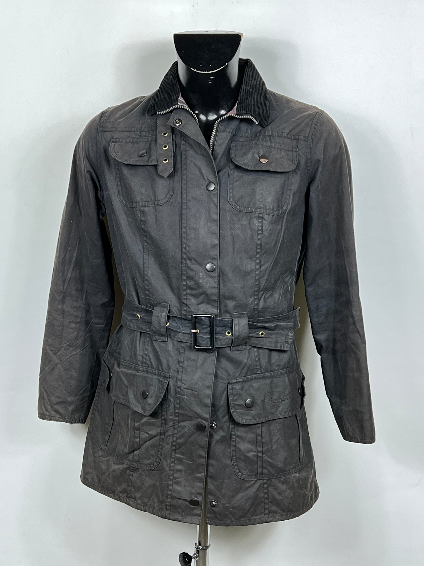 Giacca Barbour Donna con cintura nera utility mac UK12 -Lady Black jacket size UK12