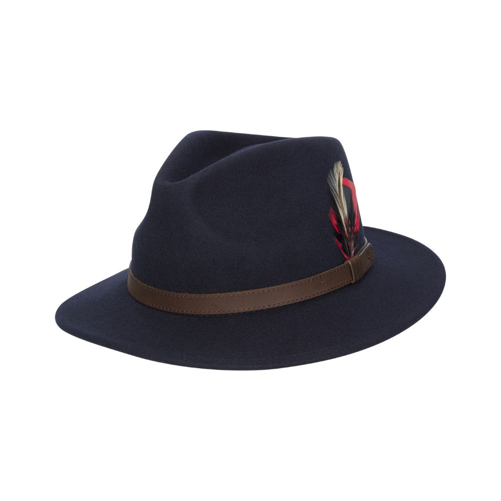 Cappello Fedora Unisex inglese in lana blu con piuma