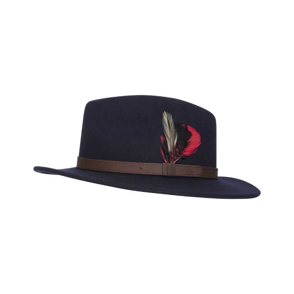 Cappello Fedora Unisex inglese in lana blu con piuma