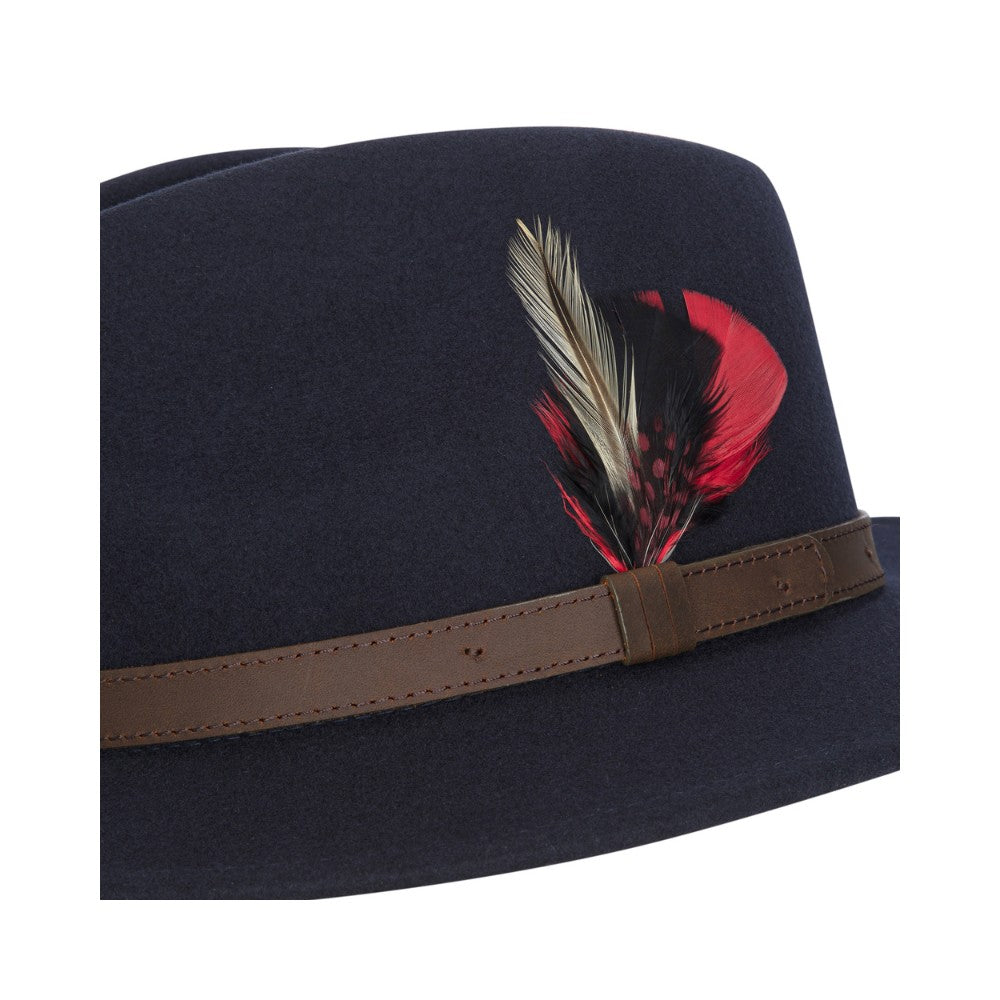 Cappello Fedora Unisex inglese in lana blu con piuma