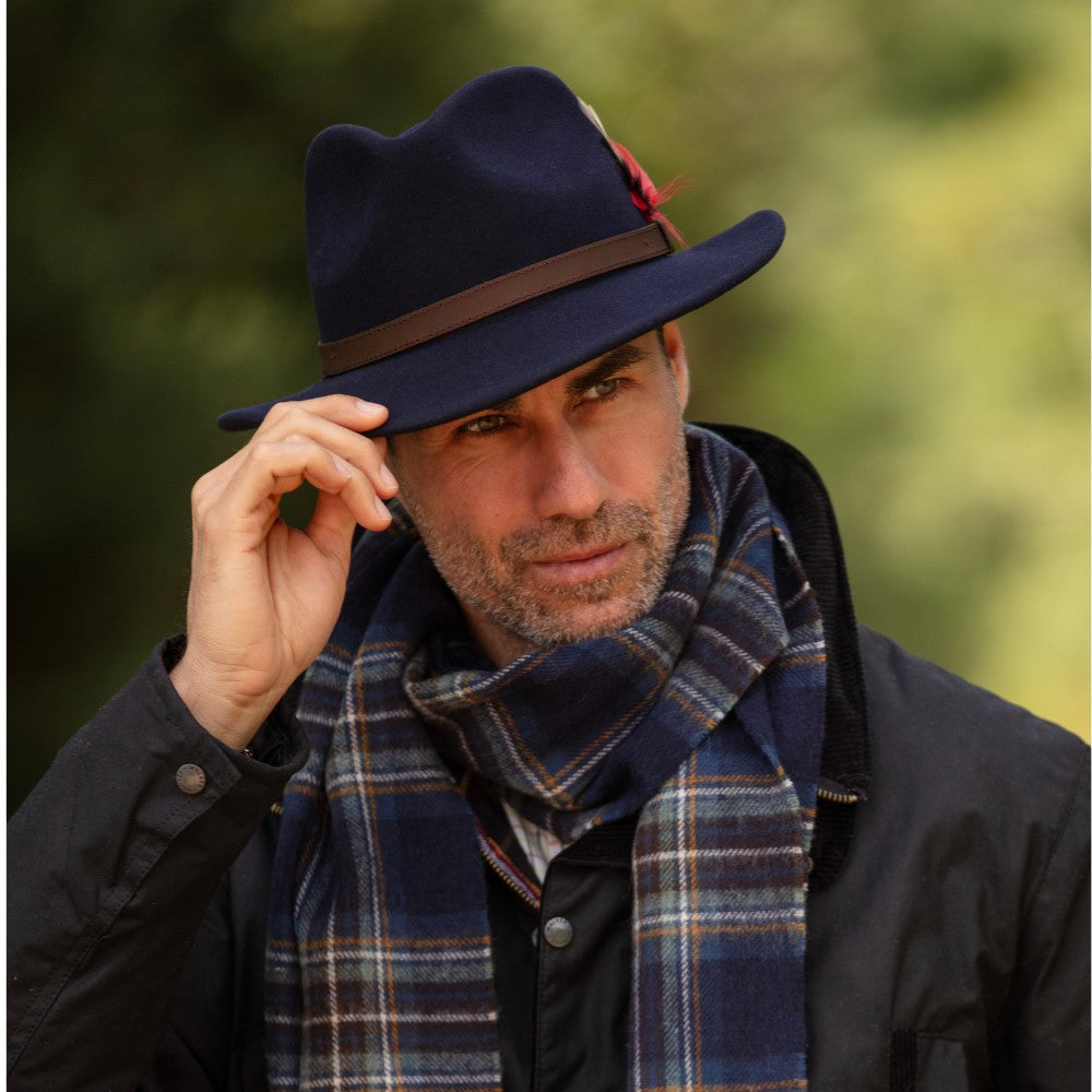 Cappello Fedora Unisex inglese in lana blu con piuma