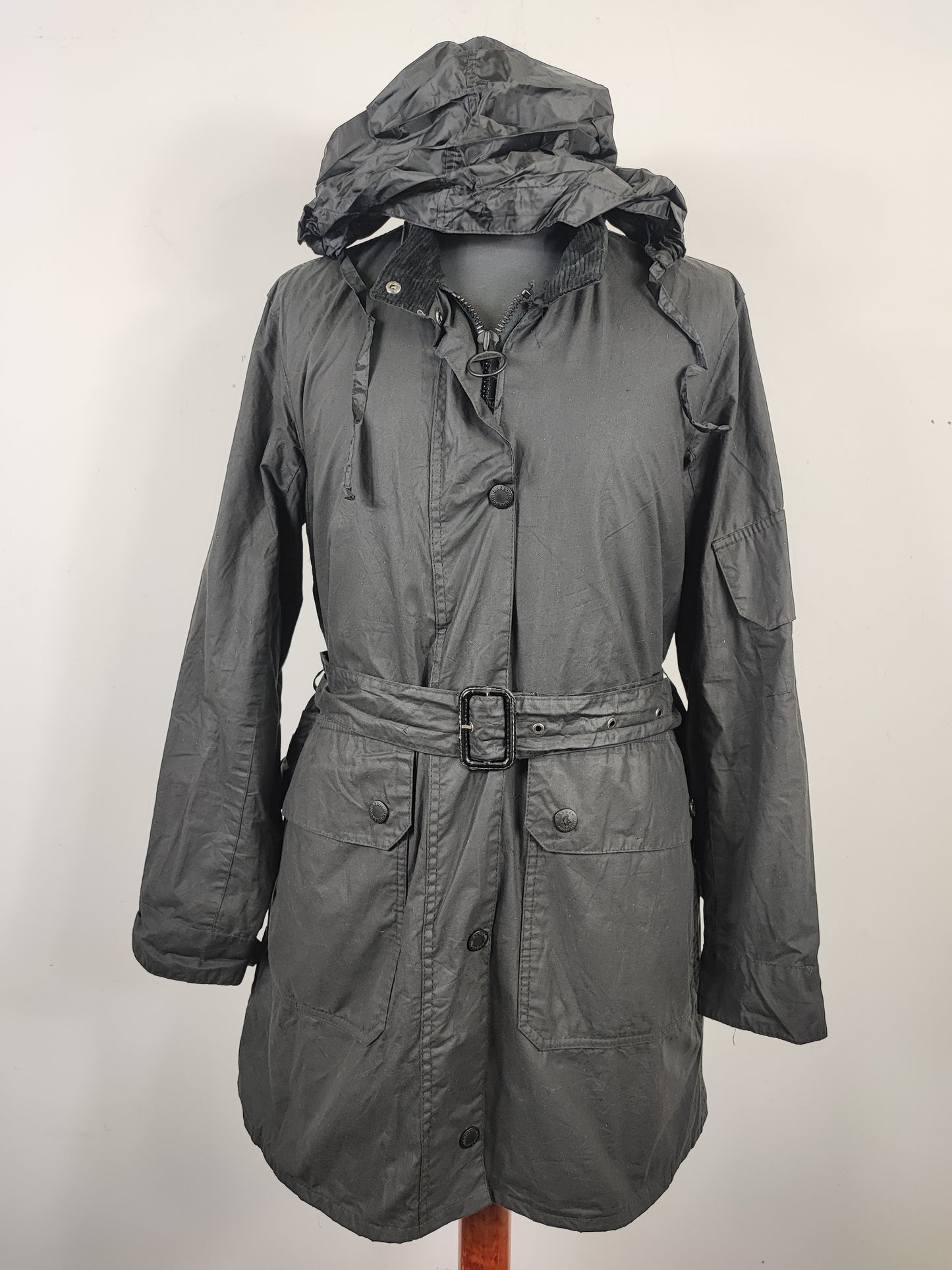 Giacca Barbour cerata nera Reel UNISEX UK16 tg. 46/48 Black Wax Reel jacket with belt size uk16