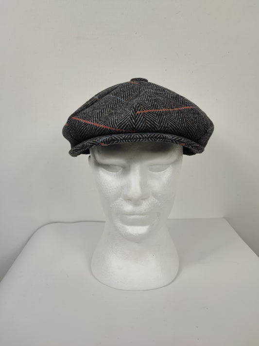 Coppola nuova inglese in lana in tweed grigia a otto spicchi stile Peaky Blinders