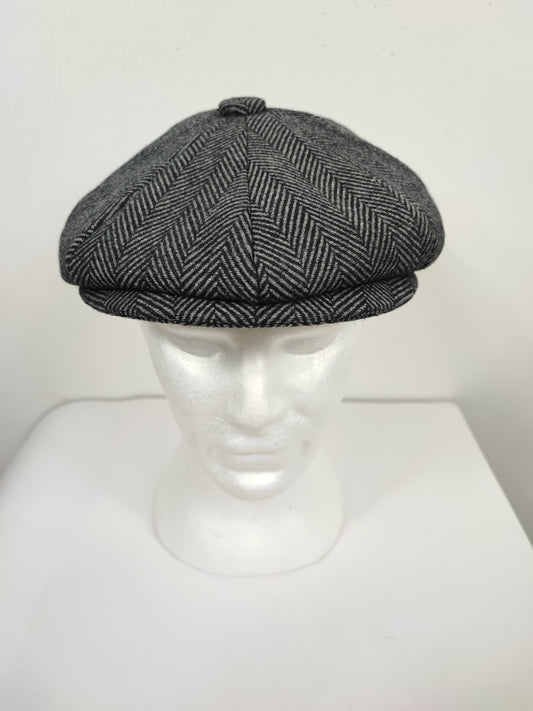 Coppola nuova inglese in lana a spina di pesce grigia a otto spicchi stile Peaky Blinders
