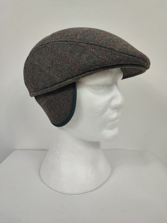 Coppola in lana verde scuro tweed con paraorecchie - Green Tweed Ear Flat Cap