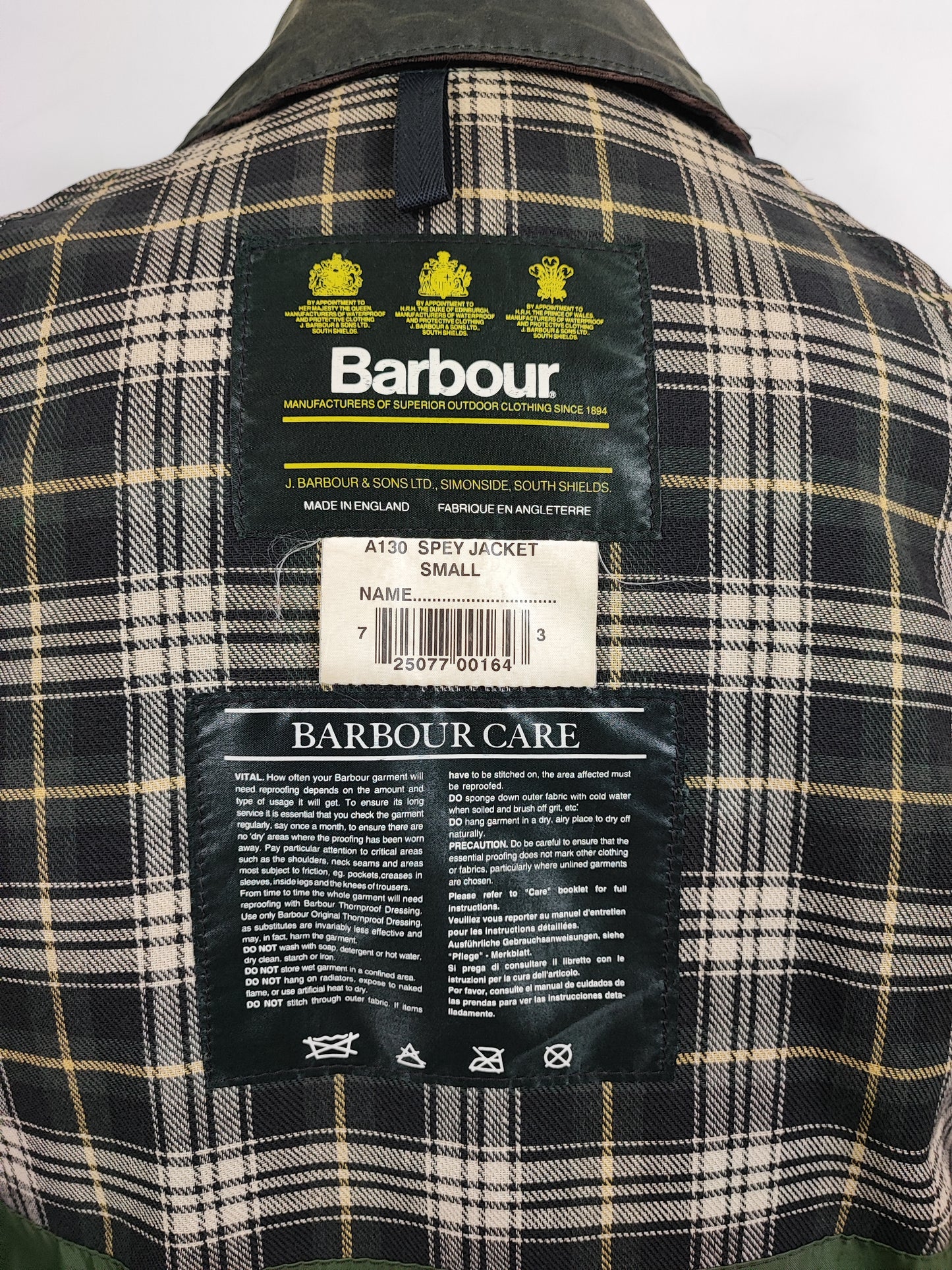 RARO Barbour Spey A130 Verde Small - Rare Green Spey Waxed Jacket Size Small A130