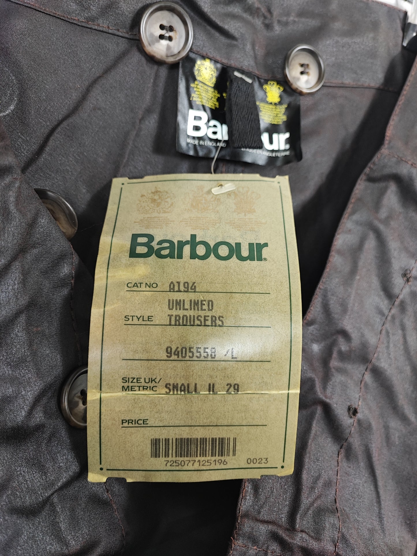 Cosciali vintage Barbour cerati marroni Small - Wax Man Brown Unlined trousers Size Small