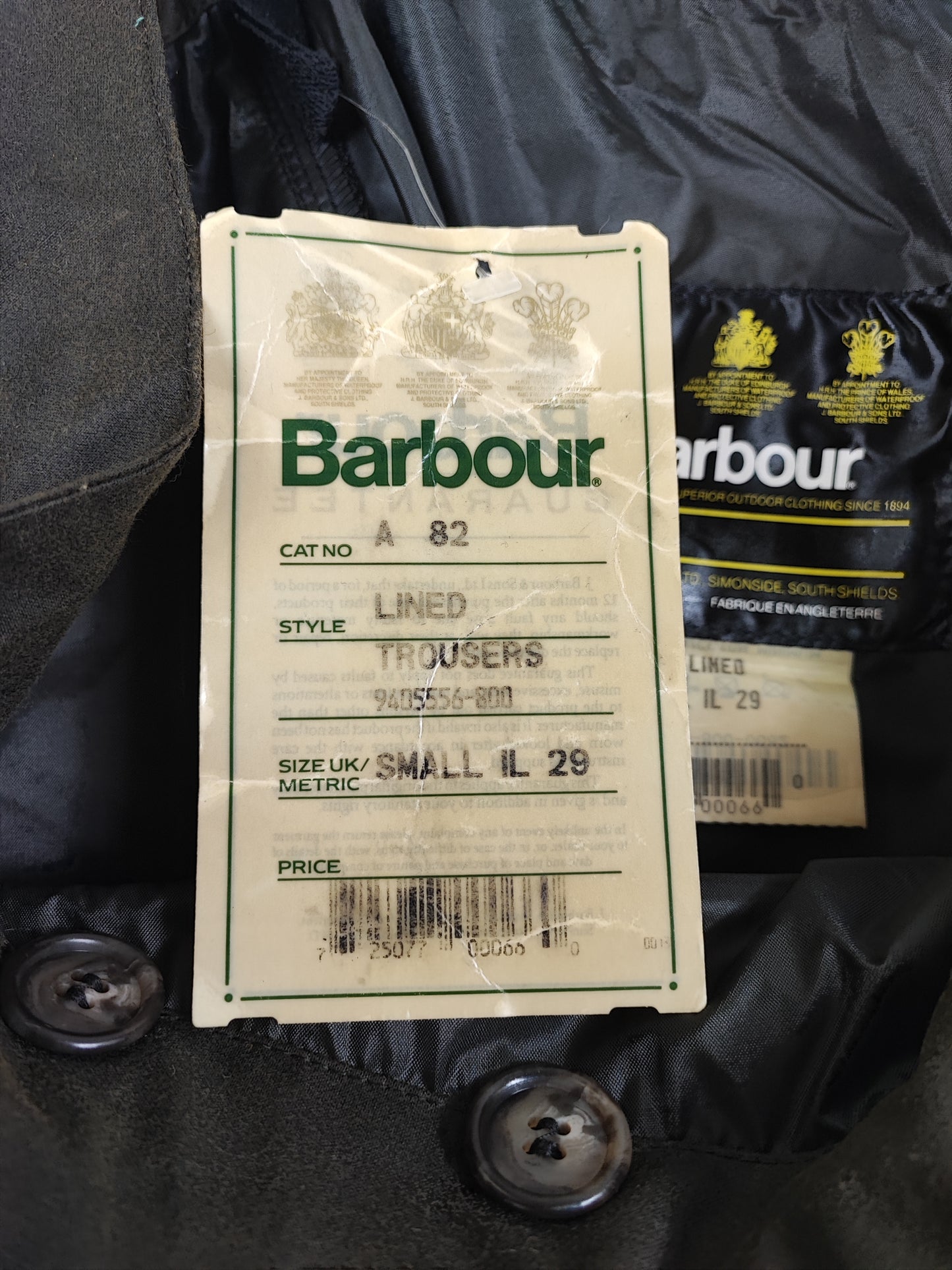 Cosciali vintage Barbour cerati verdi Small-  Wax Man Green lined trousers Size Small