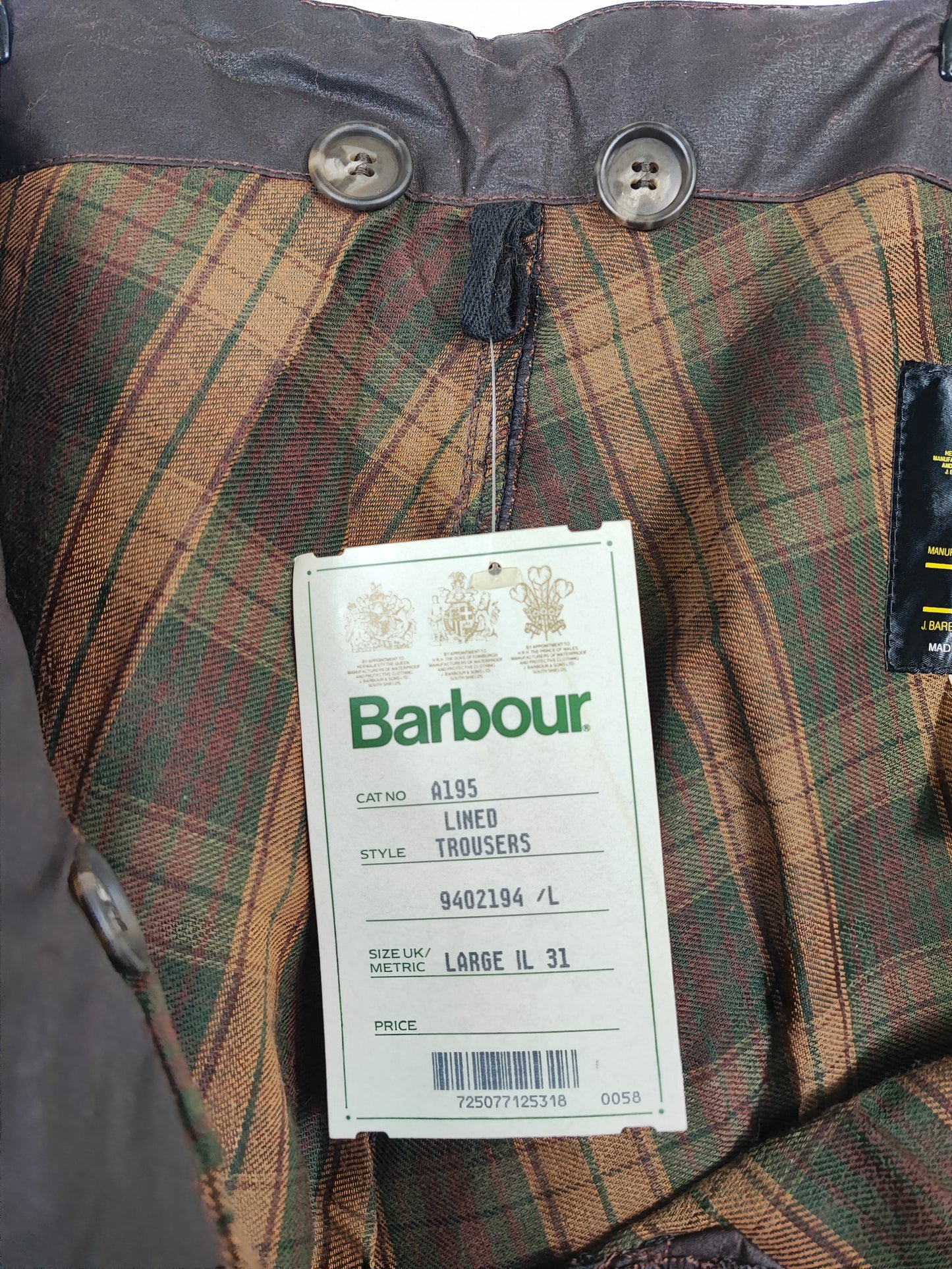 Cosciali vintage Barbour cerati marroni Large - Wax Man Brown Lined trousers Size Large