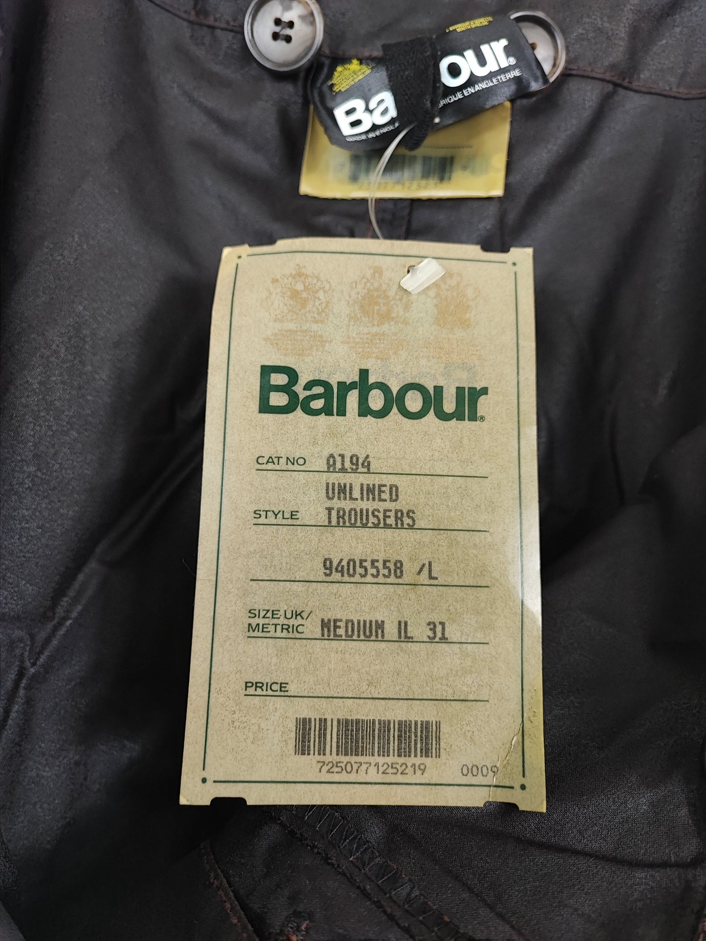 Cosciali vintage Barbour cerati marroni Medium- Wax Man Brown Unlined trousers Size Medium