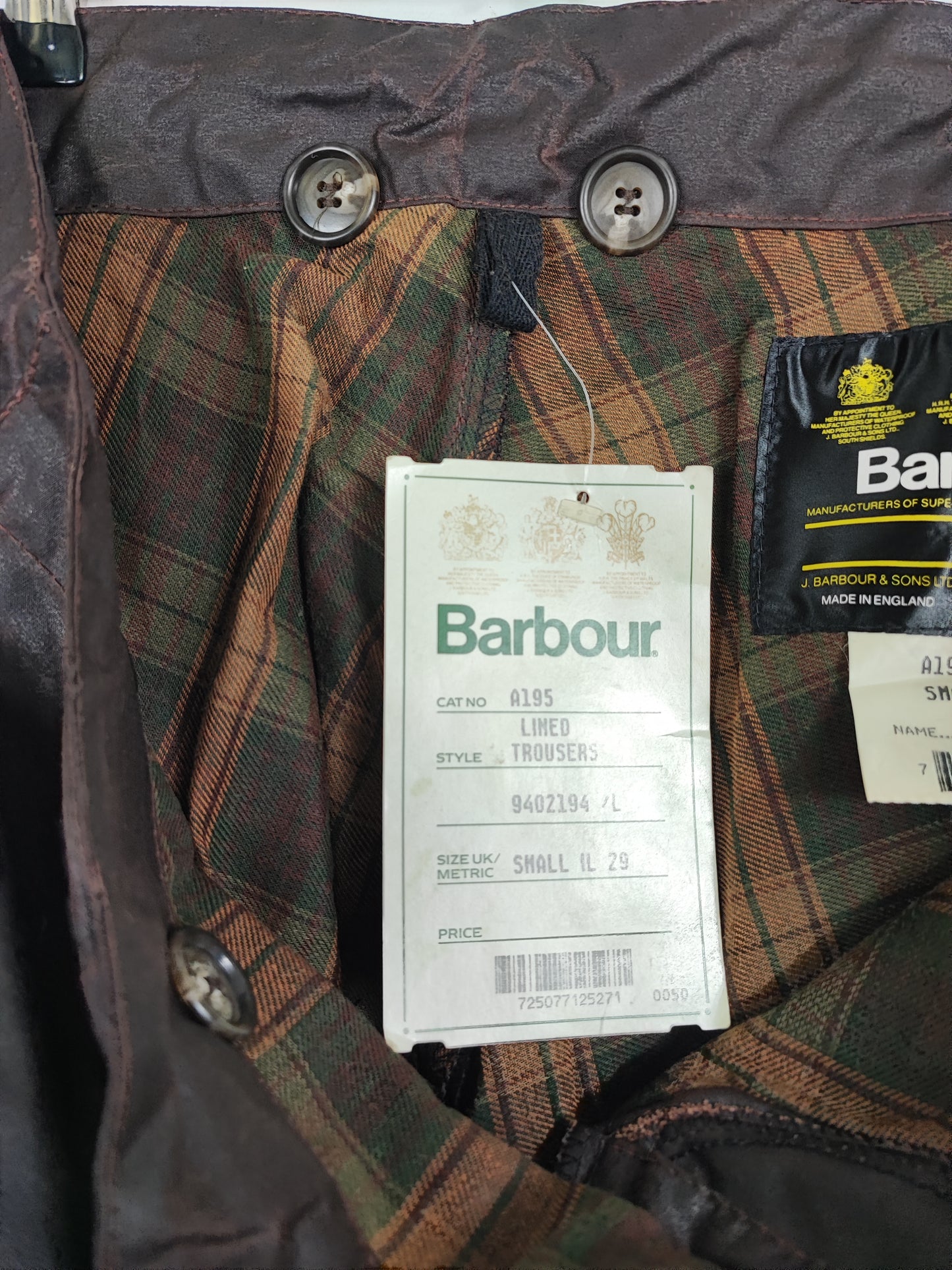 Cosciali vintage Barbour cerati marroni Small-  Wax Man Brown lined trousers Size Small