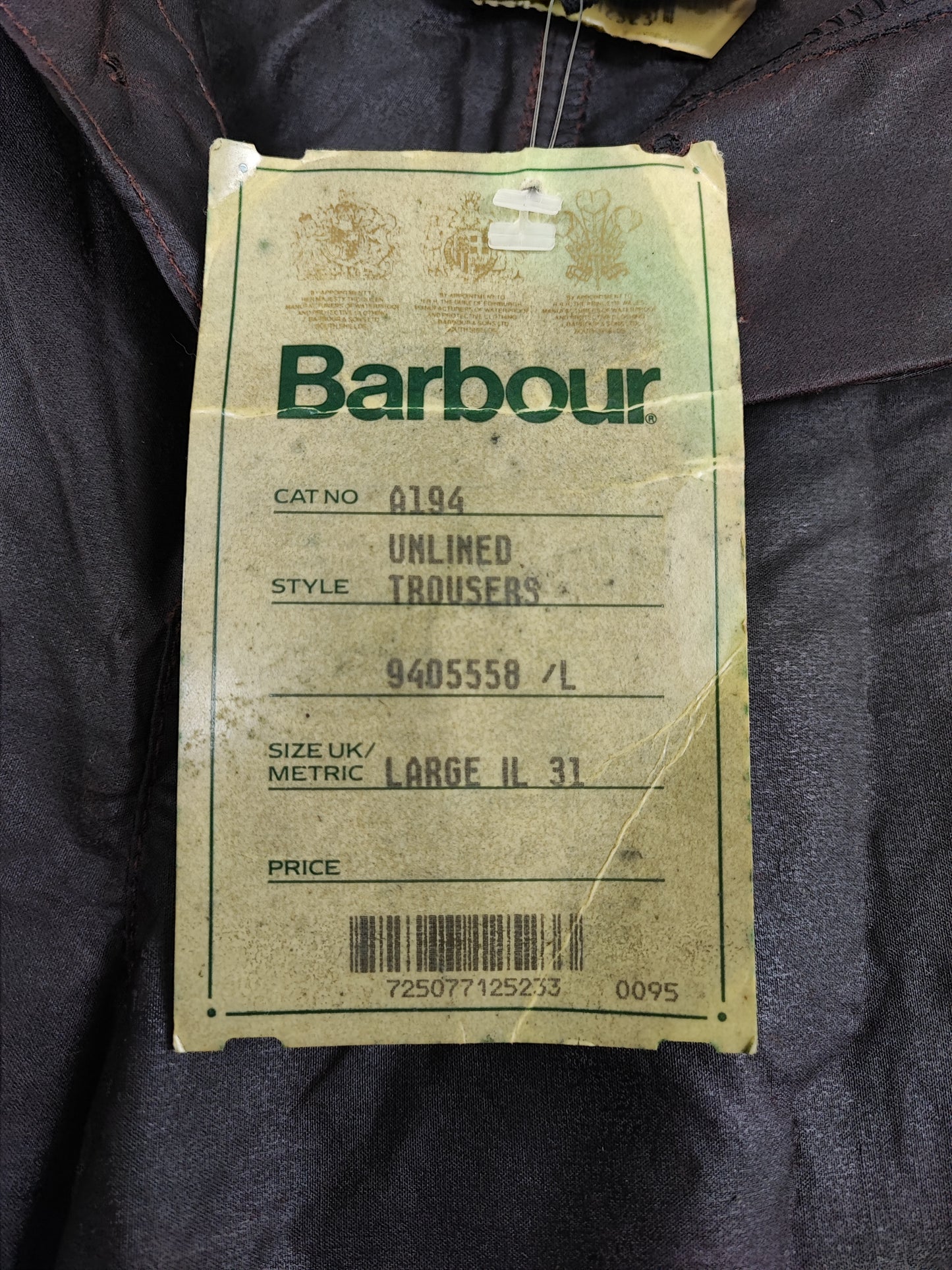 Cosciali vintage Barbour cerati marroni LARGE - Wax Man Brown Unlined trousers Size Large