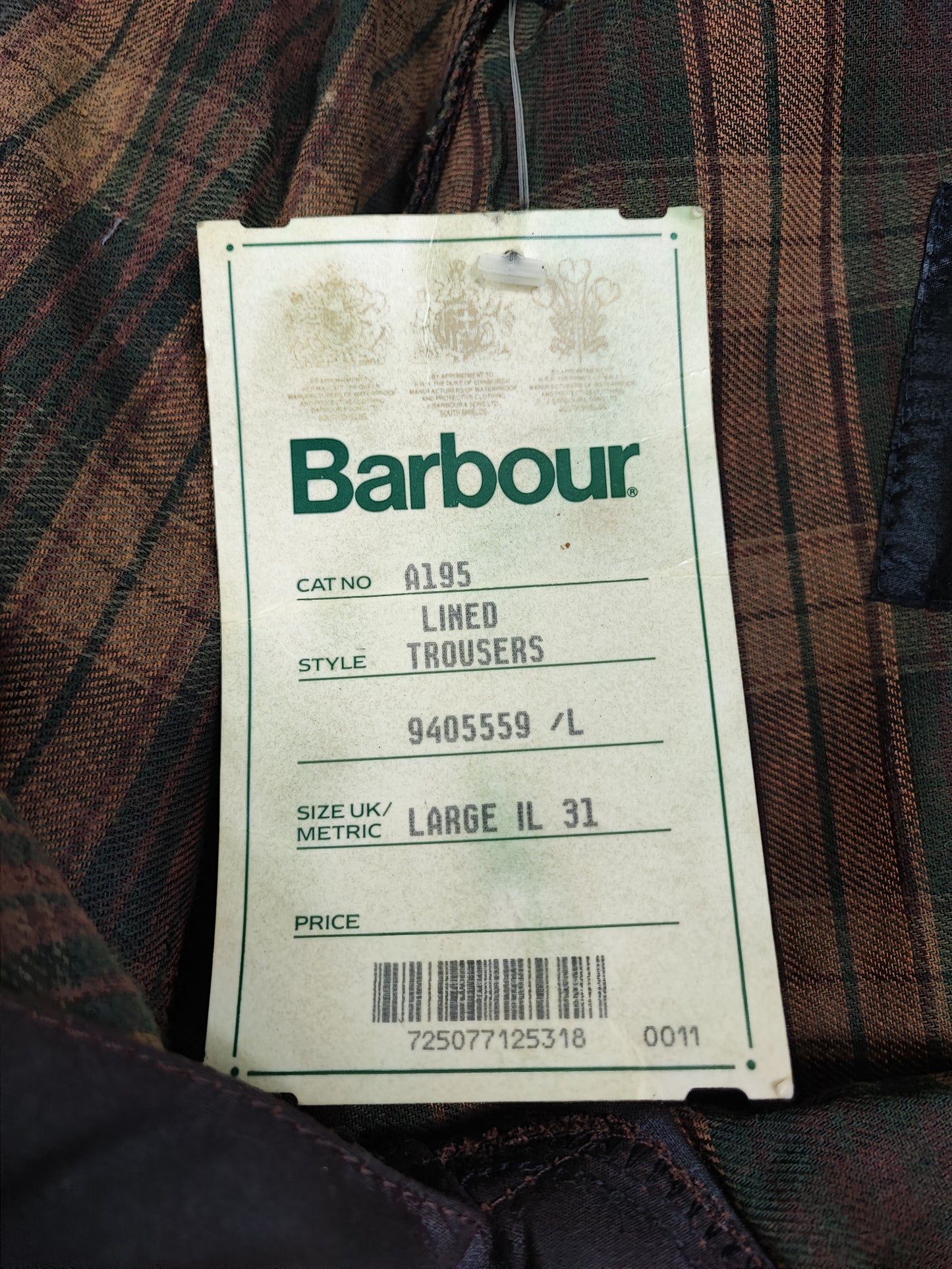 Cosciali vintage Barbour cerati marroni LARGE - Wax Man Brown A195 Lined trousers Size Large