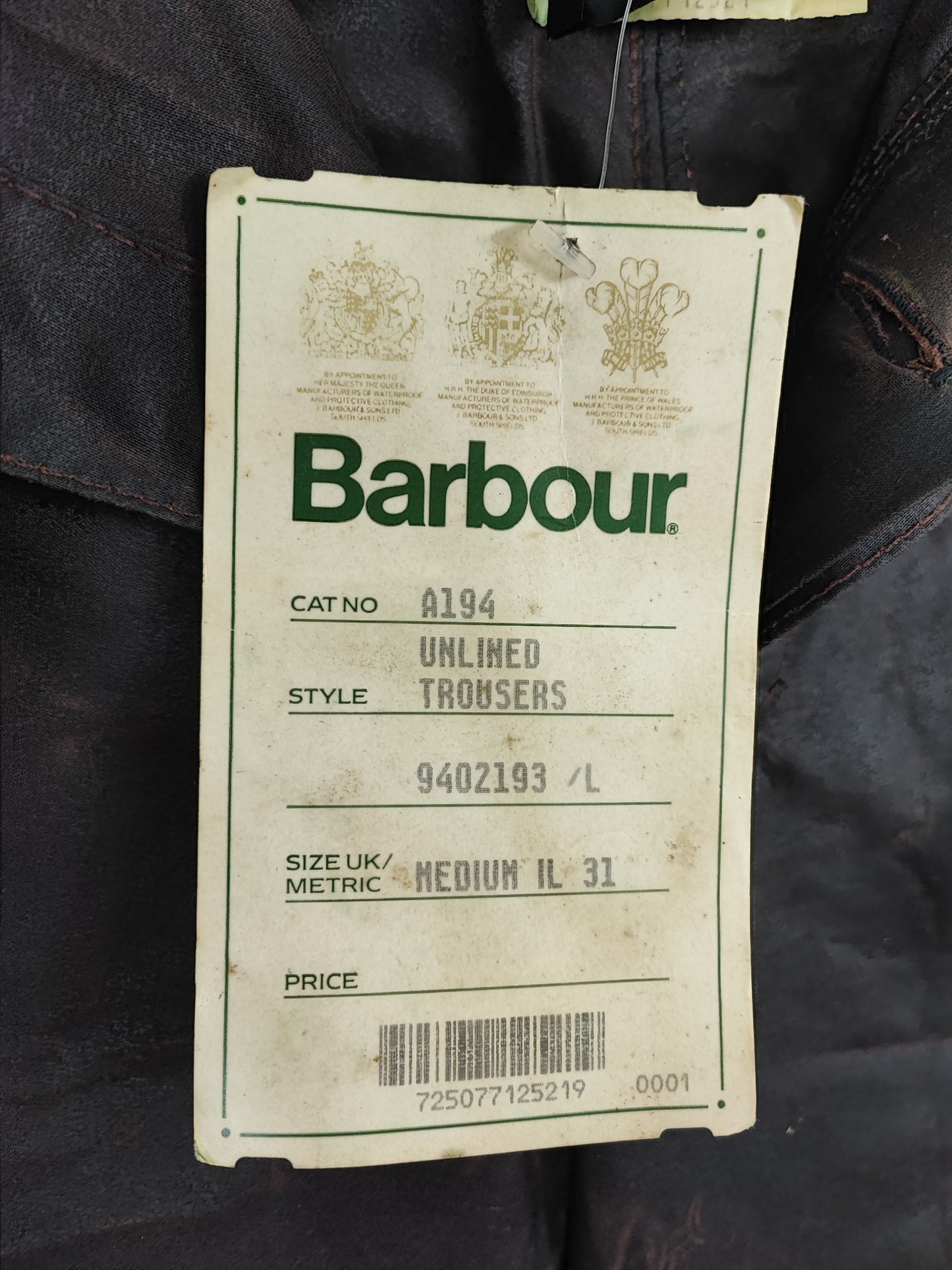 Cosciali vintage Barbour cerati marroni Medium- Wax Man Brown Unlined trousers Size Medium