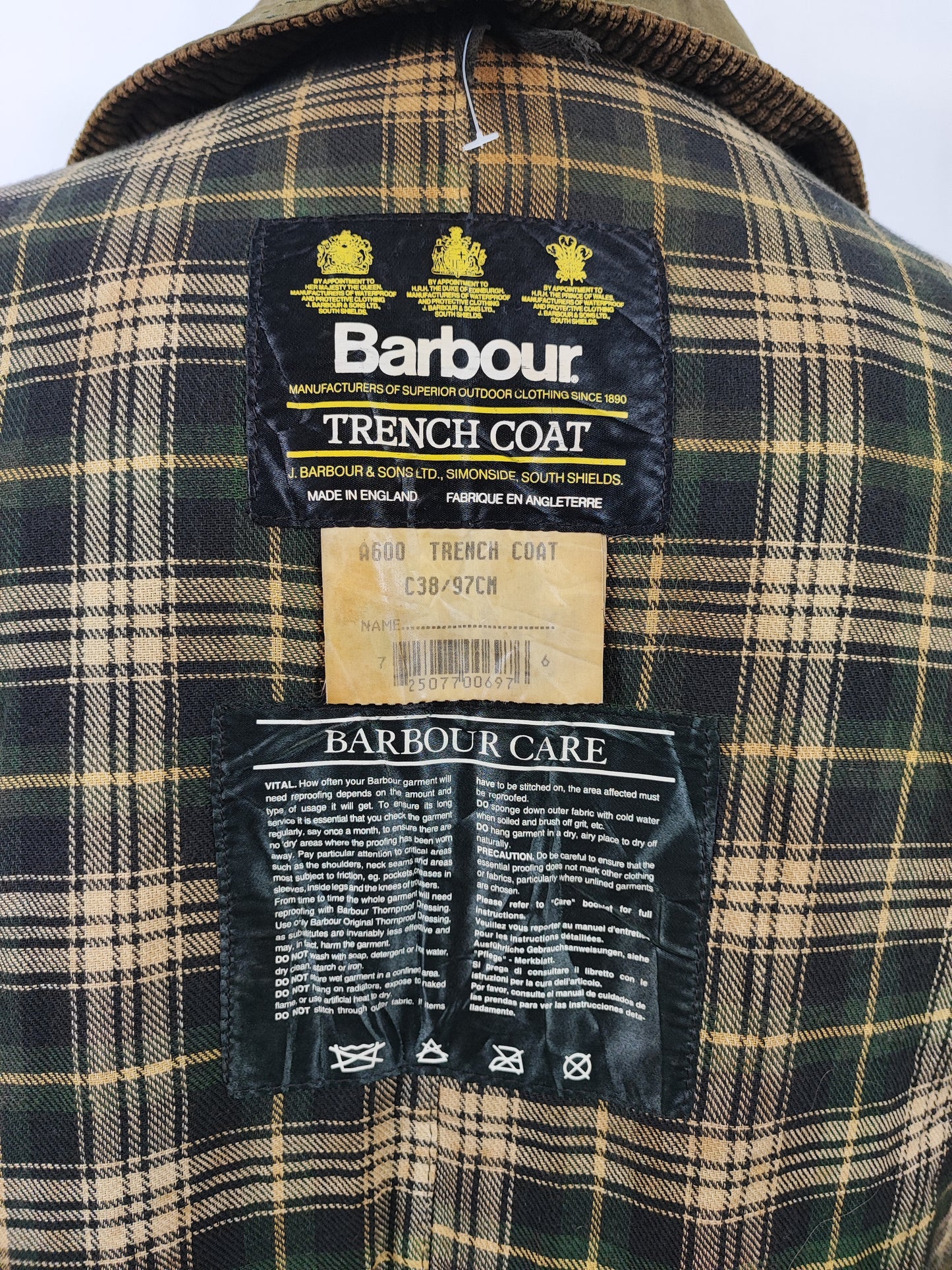RARO Barbour Vintage Trench Coat verde cerato C38/97 cm Waxed Green Trench Coat Medium