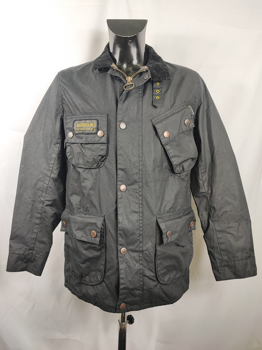 Barbour International Uomo Nero Slim Large Man Black Motorcycle waxed Jacket Size Large
