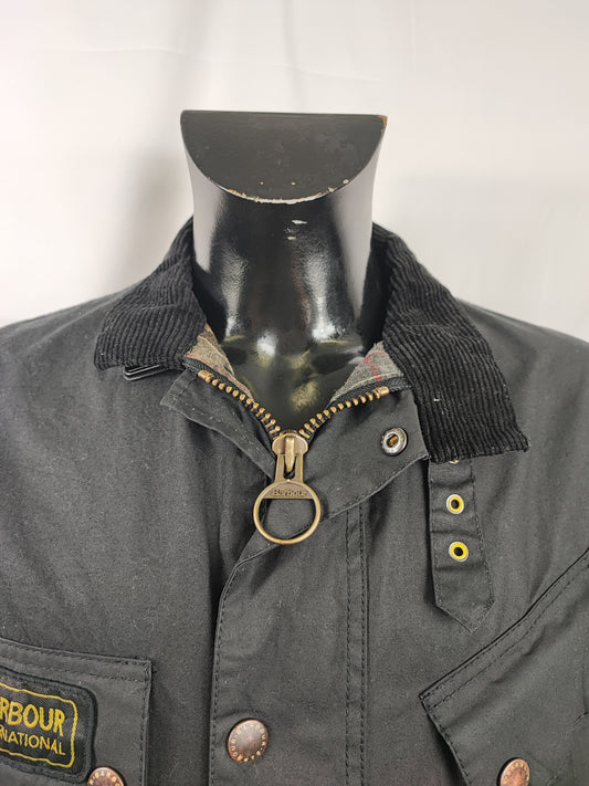 Barbour International Uomo Nero Slim Large Man Black Motorcycle waxed Jacket Size Large