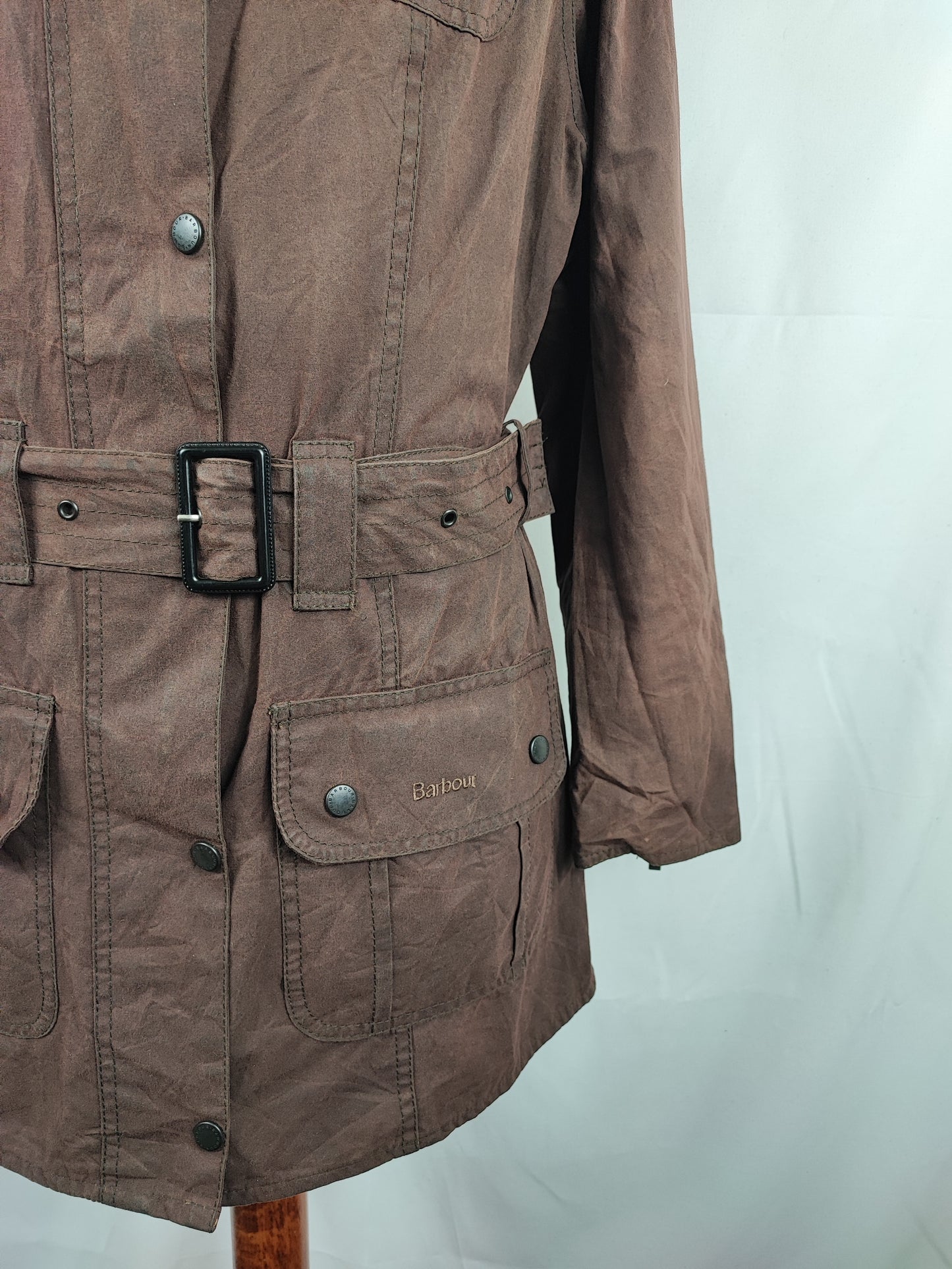 Giacca Barbour Donna con cintura marrone utility mac UK12 tg.42 - Brown Waxed Utility Mac Jacket UK12